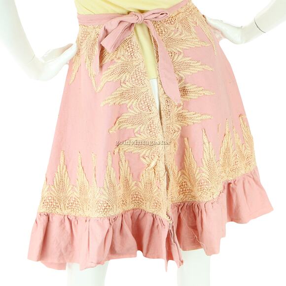 Vintage Pink Ivory Lace Linen Cottagecore Indie Skirt - Picture 2 of 8